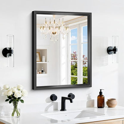 18x24 Inch Black Bathroom Mirror, Brushed Black Rectangle Mirror for Over Sink, 0.6" Thickened Deep Aluminum Frame Rectangular Vanity Mirror, Tempered Glass, Antirust, Horizontally/Vertically