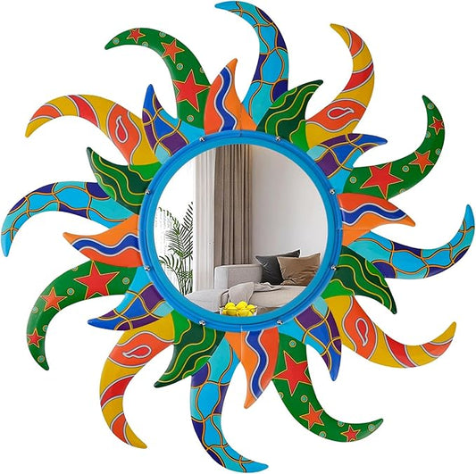 Colorful Sun Wall Mirror Decorative 25 inch Metal Frame Sunburst Boho Mirror for Entryway Bedroom Living Room Bathroom House Warming Gifts New Home Essential (Blue)