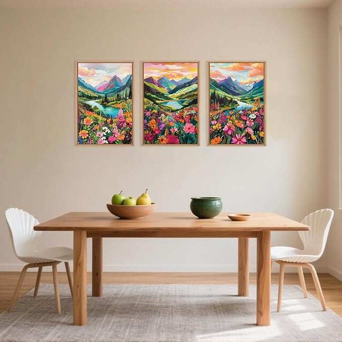 Colorful Wildflower Blossom Framed Canvas Wall Art Set,Mountain Flowers Wall Painting, Abstract Landscape Wall Decor,Natural Floral Art Print for Living Room,Dining Room,Office-24 x36 x3