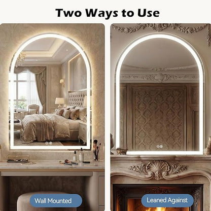 Sweetcrispy 28“×36” LED Bathroom Backlit Mirror with Lights, Arched Vanity Mirror with Anti-Fog, Dimmable, 3-Color Light, Memory Function, Tempered Glass