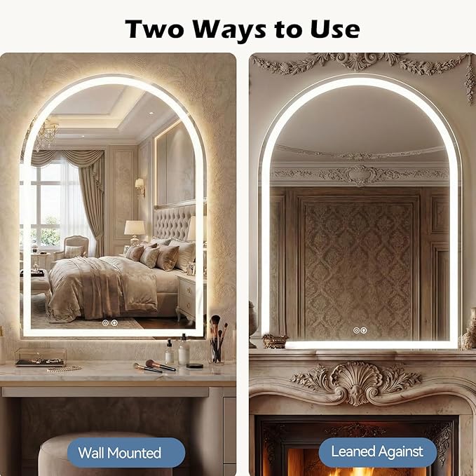 DUMOS 28"×36" LED Bathroom Mirror with Lights, Arched Vanity Mirror with Anti-Fog, Dimmable, 3-Color Light, Memory Function, Front Light and Backlit, Tempered Glass