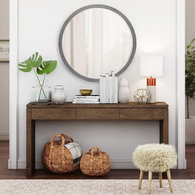 35" Round Wood Mirror, Rustic Circle Wall Mirror with Beveled, Wooden Round Mirrors for Wall Decor, Decorative Wall-Mounted Mirrors for Entryway, Living Room, Washed Gray Frame