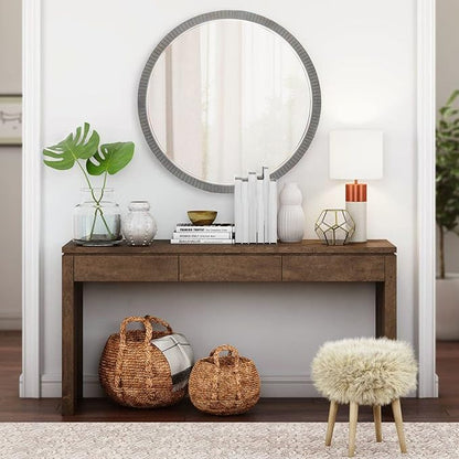 35" Round Wood Mirror, Rustic Circle Wall Mirror with Beveled, Wooden Round Mirrors for Wall Decor, Decorative Wall-Mounted Mirrors for Entryway, Living Room, Washed Gray Frame