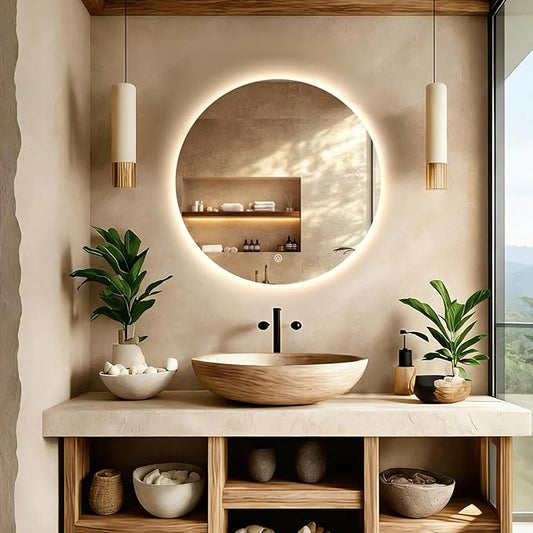 Round LED Mirror for Bathroom, 24" Circle Frameless Backlit Mirror with Lights, Wall Mounted Vanity Mirror, 3 Colors, Dimmable, Anti-Fog, IP65 Waterproof, Memory Function, UL Listed