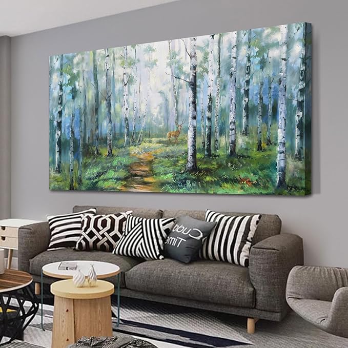 Enartly Birch Tree Wall Art for Living Room, Large Wall Decor Canvas Painting Green Forest Nature Picture Scenery Artwork Textured Framed for Bedroom Hallway Home Office Decoration 58"x29"