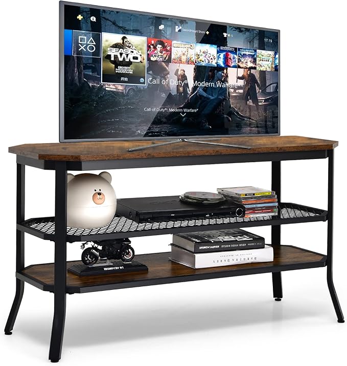GOFLAME Industrial TV Stand for TVs up to 46", 3-Tier Wood TV Cabinet with Steel Frame, Rustic Entryway Console Table, Media Entertainment Center for Living Room, Bedroom, Rustic Brown & Black