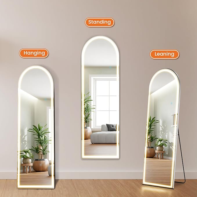 Sweetcrispy Arched Full Length Mirror with LED Lights, 61"x17" Lighted Full Body Floor Mirror with Dimming & 3 Color Lighting, Stand for Bedroom, Dressing Room