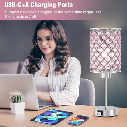 GyroVu Crystal Table Lamp, Pink Touch Lamp with USB C+A Ports, Dimmable Lamp with Crystal Shade, Bedside Lamp Small Lamp for Girl Bedroom, Living Room(Buld Included)