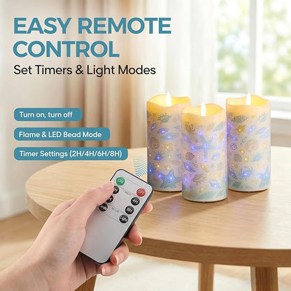 Eywamage Fiber Optic Flameless Pillar Candles with Remote Timer, Ocean Theme LED Battery Candles Home Decor Set of 3 Φ 3" H 6"