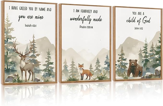 HPNIUB Woodland Animal Christian Framed Wall Art Set,Bible Verse Quote Wall Decor,Nature Forest Religious Art Print,Misty Forest Deer Bear Fox Artwork for Nursery,Kids Bedroom,Study Room-24"x36"x3