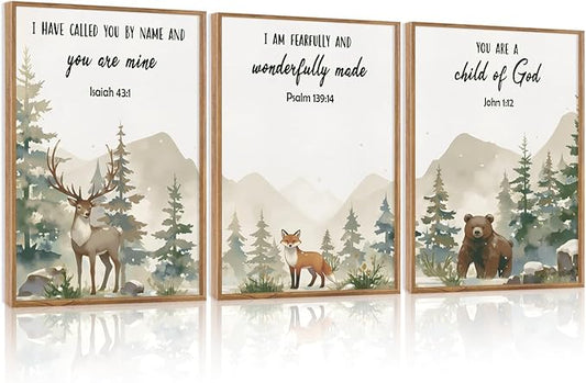 HPNIUB Woodland Animal Christian Framed Wall Art Set,Bible Verse Quote Wall Decor,Nature Forest Religious Art Print,Misty Forest Deer Bear Fox Artwork for Nursery,Kids Bedroom,Study Room-24"x36"x3