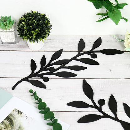 Zzbakress 2 Pieces Black Leaf Wall Decor Living Room, Wooden Vine Olive Branch Leaves Wall Decorations, Wooden Wall Art Decor For Hallway Bathroom Outdoor (Black)