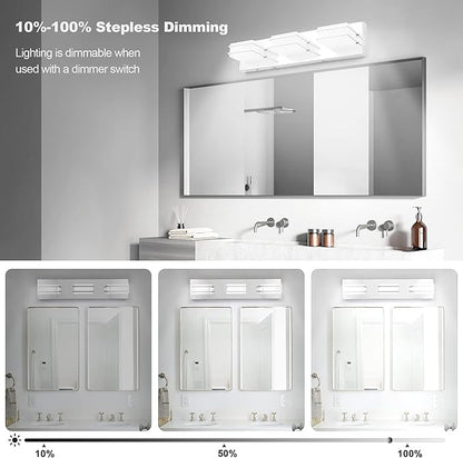 3 Color Temperature Dimmable Bathroom Light Fixtures over Mirror, LED Chrome 3 Light Vanity Lighting Fixtures, Acrylic Stainless Steel Square Shade Vanity Lights for Bathroom, ETL Certificated
