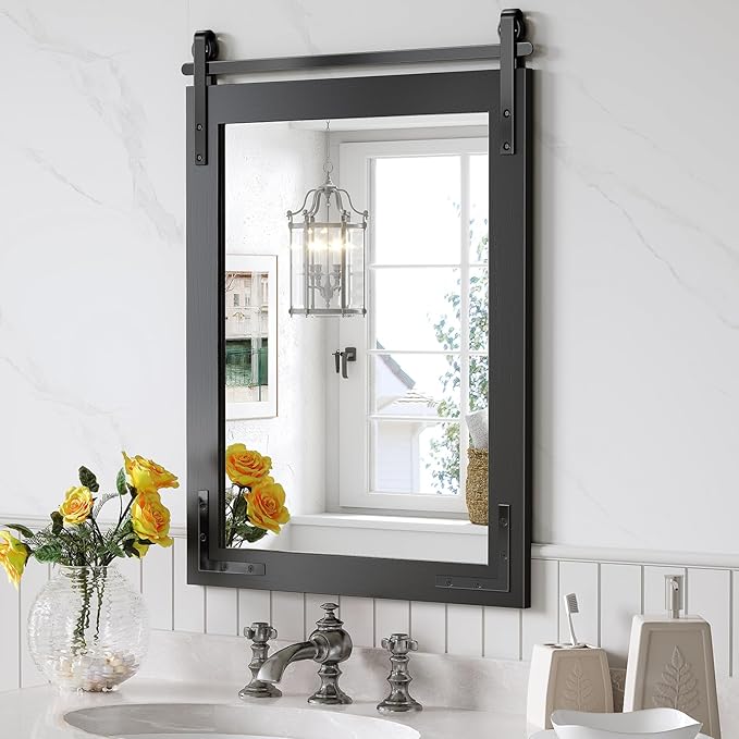 Farmhouse Bathroom Mirror, 22"x30" Black Farmhouse Mirror with Rustic Wood Framed, Barn Door Vanity Mirrors for Wall, Vintage Decorative Mirrors for Entryway,Living Room,Bedroom