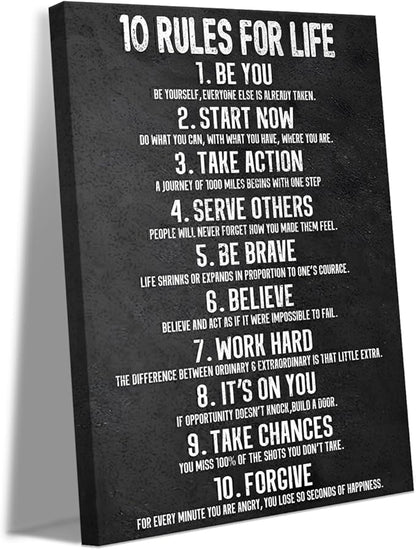 Yatsen Bridge 10 Rules for Life Motivational Wall Art - Black and White Inspirational Canvas Print, Positive Life Principles for Home and Office, Framed & Ready to Hang (12x16 Inch)