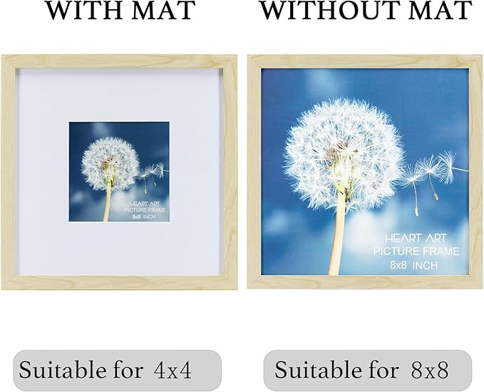 HEART ART 8x8 Natural Wood Picture Frame Set of 9,Display Pictures 4x4 with Mat or 8 x 8 without Mat,Multi Collage Gallery Square Photo Frames for Wall
