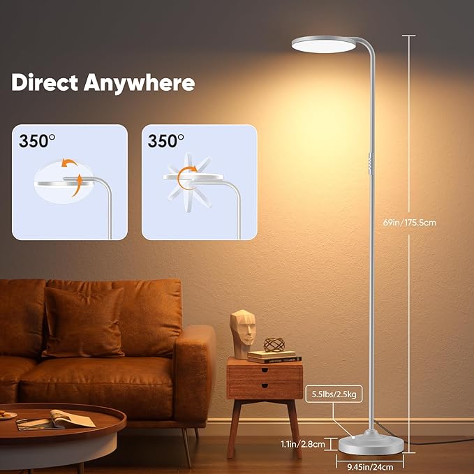 SIBRILLE 36W LED Floor Lamp, Super Bright Standing Lamp, Modern Stepless Dimmable Torchiere Tall Lamp with Remote Control, 350°Rotating Head Reading Floor Lamp for Living Room, Bedroom, Office