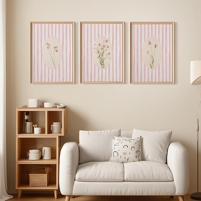 Youillne Pink Flower Wall Art Striped Floral Prints Botanical Canvas Wall Decor Aesthetic Pictures Pastel Pink Floral Poster Minimalist Flower Painting for Girl Room 12x16 Inch Unframed Set of 3