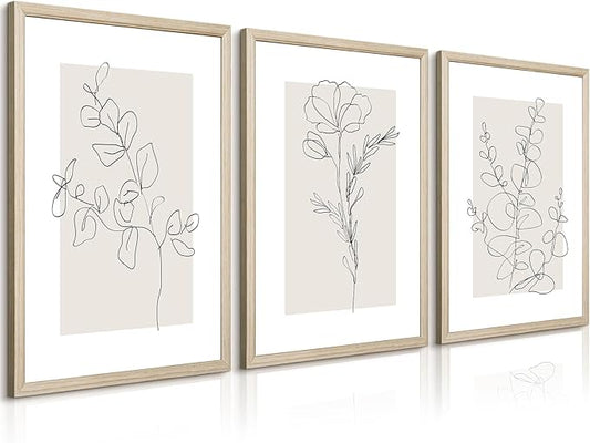 Neutral Botanical Prints Wall Art Flower Minimalist Canvas Wall Decor Vintage Line Wall Art Floral Plant Painting Pictures Beige Boho Artwork Farmhouse Poster for Bedroom 24x36x3 Inch Wood Framed