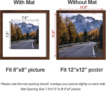 Yaetm 12x12 Picture Frame Set of 4, Brown Wood Grain Square 12x12 Frame Displays 8x8 with Mat or 12 x 12 without Mat, Gallery Wall Frame for Wall Mounting (4 pack, Brown)