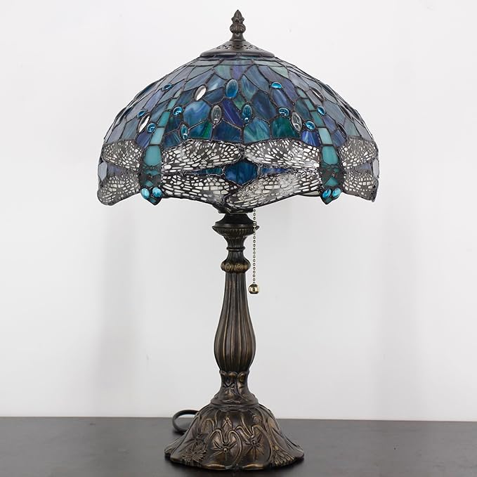 Tiffany Table Lamp Stained Glass Lamp 12X12X19 Inch Antique Reading Light (Blue Dragonfly)
