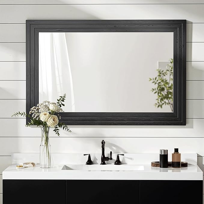 Wood Framed Mirrors for Wall, Black Bathroom Vanity Mirror for Over Sink 26 x 38, Vintage Wall Mirror for Bathroom Sink Hallway Entryway Bedroom Living Room Farmhouse Boho Style