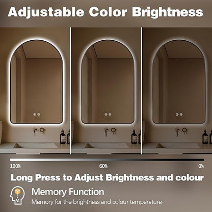 Niccy Arched LED Lighted Bathroom Mirror, 40x24 Inch Backlit Vanity Bathroom Mirror with Lights Brushed Black Framed Wall Mounted Mirrors with 3 Color Shatterproof Arch Smart Fog Free Mirror