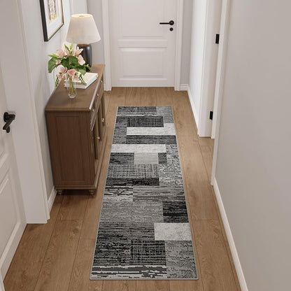 FlyDOIT Modern Geometric Patchwork Area Rug, 2x6 Grey Runner Rugs for Living Room, Rockwood Collection Indoor Rugs for Bedroom, Throw Carpet Floor Decor for Entryway Dining Room Office Nursery