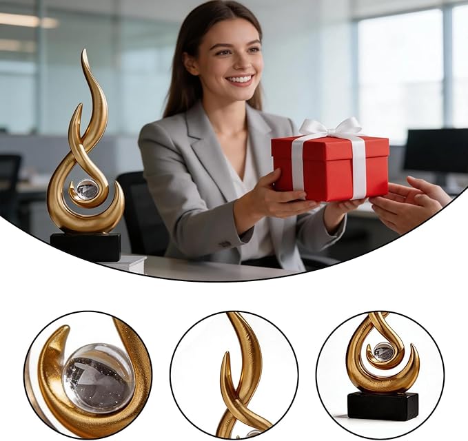 Abstract Golden Flame Art Deco Sculpture - Luxury Living Room Decor with Crystal Ball, Modern Resin Ornament for Home Office