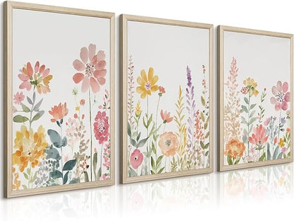 Watercolor Wildflower Wall Art Decor Colorful Flower Pictures Canvas Floral Botanical Wall Art Vintage Prints Poster Floral Painting Artwork for Living Room Bedroom 12x16 Inch Framed Set of 3