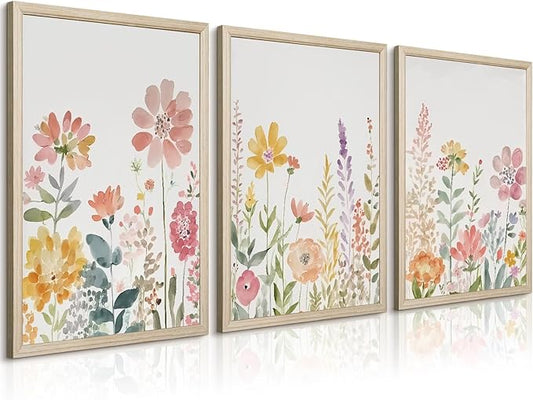 Watercolor Wildflower Wall Art Decor Colorful Flower Pictures Canvas Floral Botanical Wall Art Vintage Prints Poster Floral Painting Artwork for Living Room Bedroom 16x24 Inch Framed Set of 3