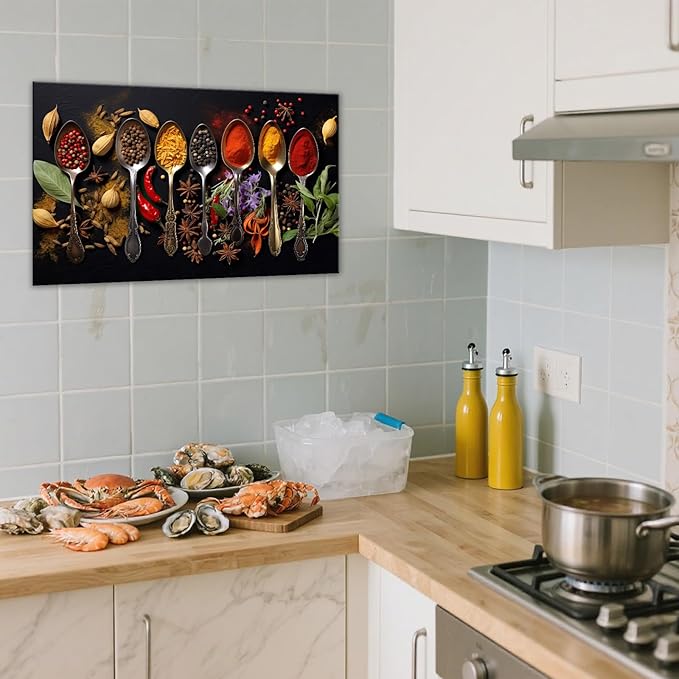OAAPITI Spice Spoons Kitchen Wall Art Culinary Herbs Canvas Vibrant Food Art for Dining Room Gourmet Kitchen Decor(Artwork-8,24"x36")