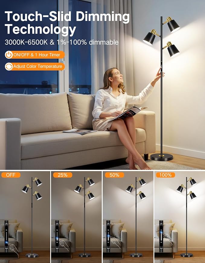 OUTON Tree Floor Lamp, LED Dimmable Floor Lamp with Remote And Touch Slide Control, 4 Color Temperatures, 3 Rotatable Lights, Modern Standing Lamp for Living Room Bedroom Office, Bulbs Included, Black