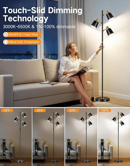 OUTON Tree Floor Lamp, LED Dimmable Floor Lamp with Remote And Touch Slide Control, 4 Color Temperatures, 3 Rotatable Lights, Modern Standing Lamp for Living Room Bedroom Office, Bulbs Included, Black