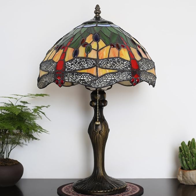 Tiffany Table Stained Glass Table Lamp 12 x 19” Bedside Reading Lamp Yellow Dragonfly Style Decorative Lamp for Desk Living Room Bedroom Office Study Light Decor Gift