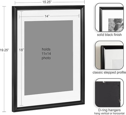 Kate and Laurel Adlynn Rectangle Picture Frame Set of 3; 14 x 18 matted to 11 x 14; Black; Modern Three-Piece Frame Set for Gallery Wall Frame Set in Living Room Wall Decor