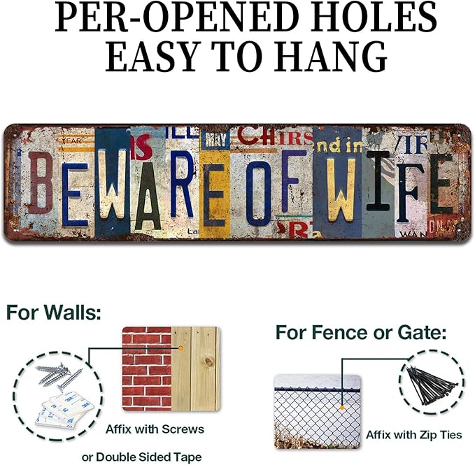 Beware of Wife Vintage Metal Tin Sign - Humorous Rustic Wall Art for Garage, Man Cave, Bar, Game Room Décor - 4x16 Inch