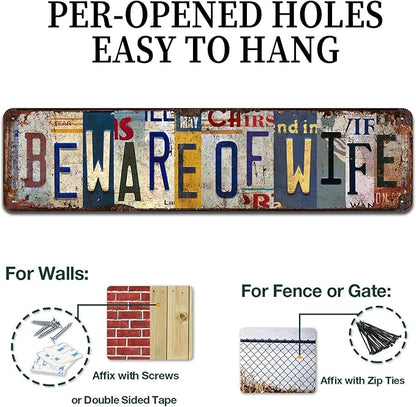 Beware of Wife Vintage Metal Tin Sign - Humorous Rustic Wall Art for Garage, Man Cave, Bar, Game Room Décor - 4x16 Inch