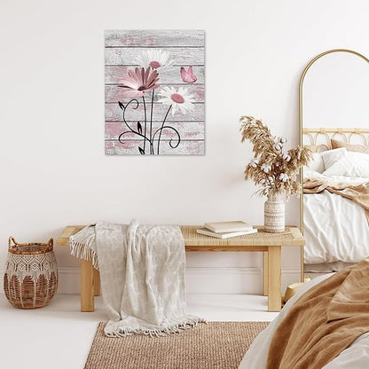 HVEST Farmhouse Pink Floral Wall Art for Bathroom, Pink and White Daisy Butterfly on Rustic Wood Canvas Wall Art Nature Flower Pictures for Living Room Bedroom Apartment Wall Decor,12L X 12W inches