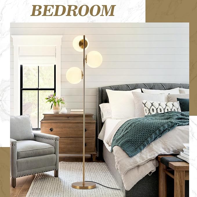 BOKT Modern Gold Floor Lamps Mid Century 3-Light Globe Standing Lamp Tall Pole Floor Light with Frosted Glass Contemporary Adjustable Floor Lamp for Living Room Reading Bedroom…