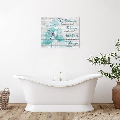 LB Farmhouse Floral Inspirational Wall Art Vintage Watercolor Teal Flower with Dragonfly Canvas Wall Art Modern Motivational Wall Decor for Bedroom Bathroom Living Room Framed Ready to Hang 16L x 20W