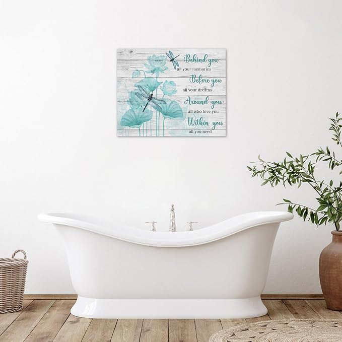 LB Farmhouse Floral Inspirational Wall Art Vintage Watercolor Teal Flower with Dragonfly Canvas Wall Art Modern Motivational Wall Decor for Bedroom Bathroom Living Room Framed Ready to Hang 8L x 10W
