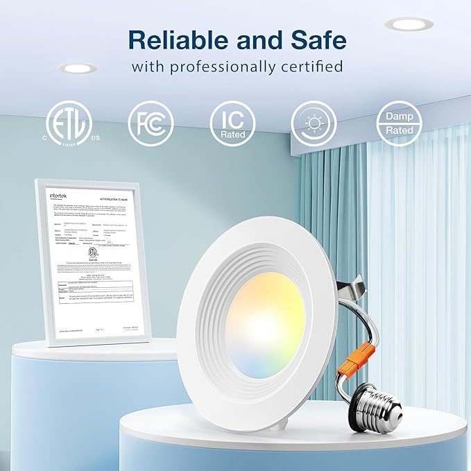 Amico 4 Pack 4 inch 5CCT LED Recessed Lighting, Dimmable, 8.5W=60W, 650LM, 2700K/3000K/4000K/5000K/6000K Selectable, Retrofit Can Lights with Baffle Trim, IC Rated - ETL & FCC, White