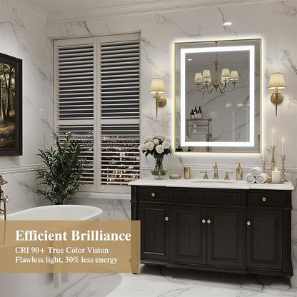 28X36 Inch LED Bathroom Mirror with Lights, Gold Frame Frontlit+ Backlit Bathroom Vanity Mirror for Wall, Ultra-Clear Tempered Glass, Shatter-Proof, Anti-Fog and Memory Function, ETL Listed