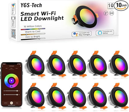Smart 2 Inch Recessed Lighting, WiFi LED Downlight 5W 120V, Compatible with Alexa and Google Home, Dimmable RGB & CCT 2700-6500K, Black Trim, LED Ceiling Light with Driver (10 Pack)