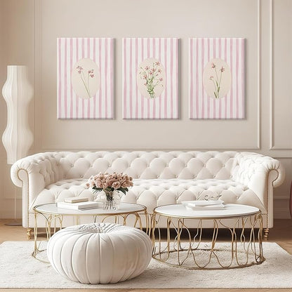 Pink Flower Wall Art Striped Floral Prints Botanical Canvas Wall Decor Aesthetic Pictures Pastel Pink Floral Poster Minimalist Flower Painting for Girl Room 16x24 Inch Wrapped Canvas Set of 3