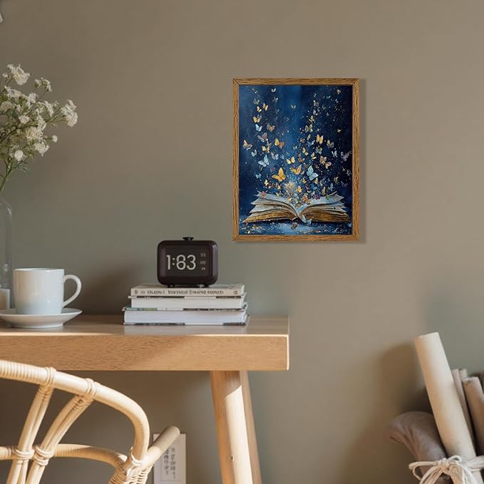 JLTULT Colorful Butterfly On Book Page Canvas Wall Art, Vintage Fantasy Butterflies Art Wall Decor, Modern Aesthetic Art Print for Bathroom Bedroom Living room Study 8x10 In Wood Framed Easy to Hang
