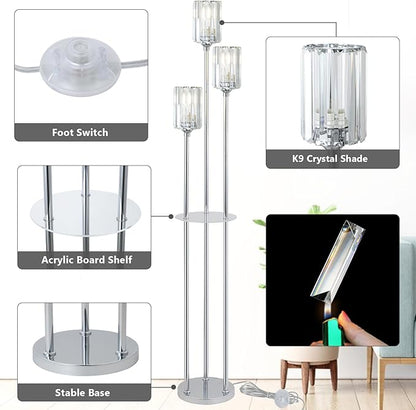 HMVPL Crystal Floor Lamps for Living Room, Modern Floor Lamp with Shelves, 3-Lights Standing Lamp with Crystal Shade, On/Off Foot Switch, Silver Corner Floor Lamp for Bedroom Living Room Office(66")