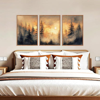 HLNIUC Nature Forest Sunset Framed Canvas Wall Art,Large Landscape Misty Forest Wall Decor,Orange Mountain Foggy Pine Artwork Set of 3 (24x36),Watercolor Sunrise Prints for Living Room,Bedroom,Office