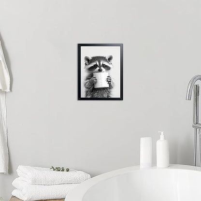 XYHYRA Bathroom Wall Art, Cute Black and White Raccoon Canvas Prints Poster, Funny Animal Decor Oil Painting, Modern Farmhouse Picture Artwork for Bathroom Toilet Wall Decor 8x10 Inch Framed